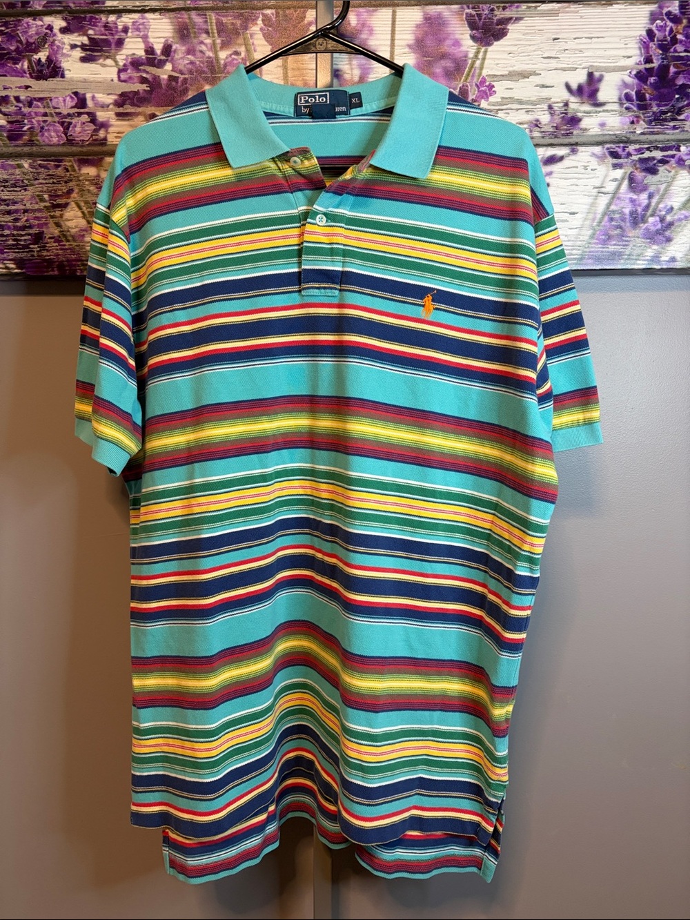 Polo by Ralph Lauren Teal Multi-Stripe Polo Mesh Shirt EUC Size XL